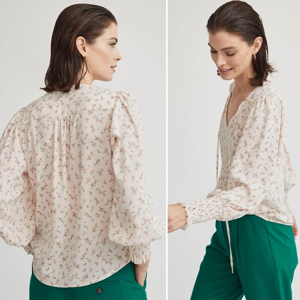 RW&CO Floral Twist Twill Long Puffy Sleeve V-Neck Blouse With Tie